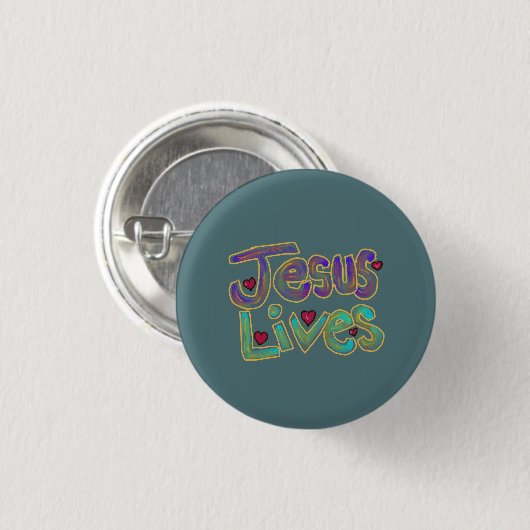 Jesus lebt mit rotem Herzen blau Button (Vorne & Hinten)