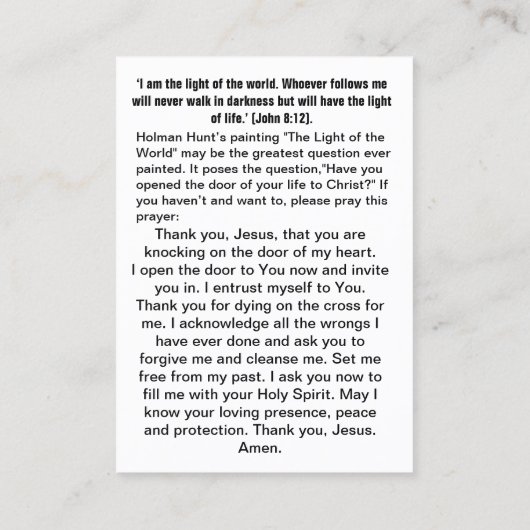 Jesus Licht der Welt Gebetskarte Visitenkarte (Rückseite)