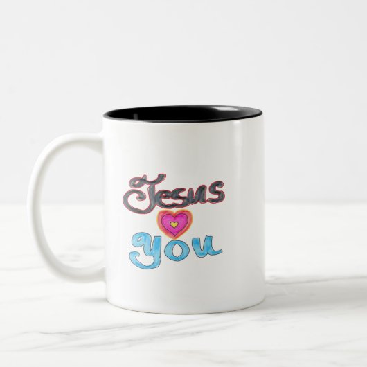 Jesus Liebe dich mit rosa Herz Zweifarbige Tasse (Links)