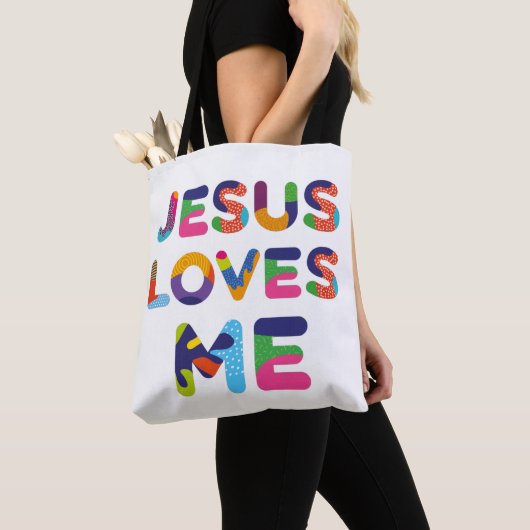 Jesus Liebe mich und Sie farbenfrohe Textkunst Tasche (Von Nahem)