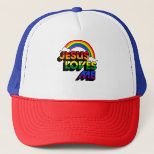 Jesus Liebe mir Gay Rainbow Gay Pride Flag und Que Truckerkappe