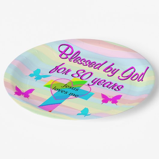 JESUS LIEBEN ME 80. GEBURTSTAG PAPIERTELLER (Schrägansicht)