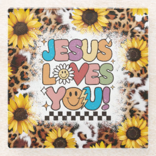 Jesus liebt dich farbenfrohe Retro-Sonnenblume Glasuntersetzer
