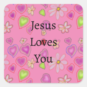Jesus liebt euch Herzen Rosa  Quadratischer Aufkleber