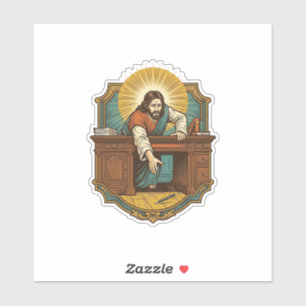 Jesus ließ den Stift hinter dem schweren Schreibti Aufkleber