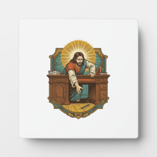 Jesus ließ den Stift hinter dem schweren Schreibti Fotoplatte