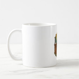 Jesus ließ den Stift hinter dem schweren Schreibti Kaffeetasse