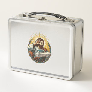 Jesus ließ Telefon Gesicht flach Beton Panik Bilds Metall Brotdose