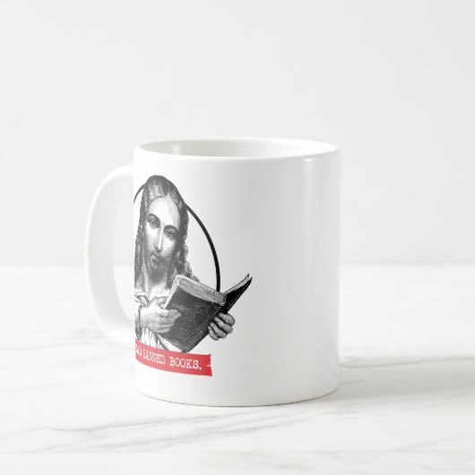 Jesus liest verbotene Bücher Kaffeetasse (Vorderseite Links)