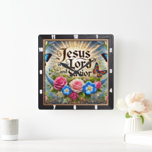 Jesus Lord Savior Floral Butterflies Quadratische Wanduhr