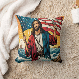Jesus mit amerikanischer Flagge bei Sonnenuntergan Kissen