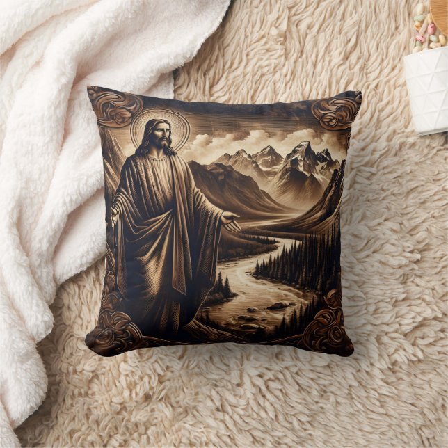Jesus mit ausgestreckten Armen in der Bergwelt Kissen (Decke)