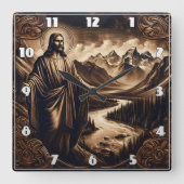 Jesus mit ausgestreckten Armen in der Bergwelt Quadratische Wanduhr (Vorderseite)