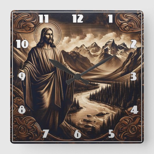 Jesus mit ausgestreckten Armen in der Bergwelt Quadratische Wanduhr (Vorderseite)