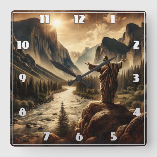 Jesus mit Blick auf die majestätische Bergwelt Quadratische Wanduhr (Vorderseite)