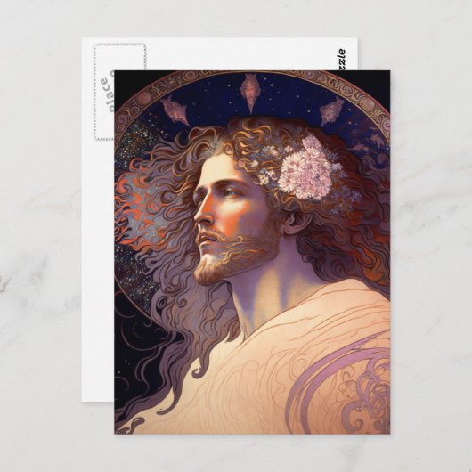 Jesus mit Blume im Haar von Mucha AI Generiert Postkarte (Vorne/Hinten)