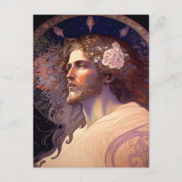 Jesus mit Blume im Haar von Mucha AI Generiert Postkarte