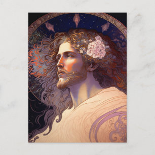 Jesus mit Blume im Haar von Mucha AI Generiert Postkarte