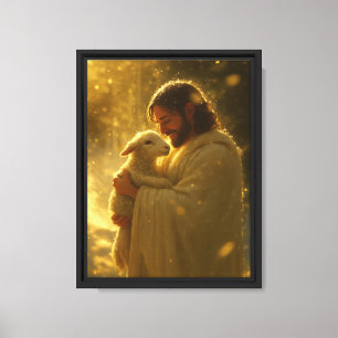 Jesus mit Lamm im goldenen Licht spirituell Leinwanddruck