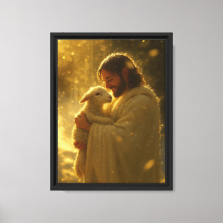 Jesus mit Lamm im goldenen Licht spirituell Leinwanddruck