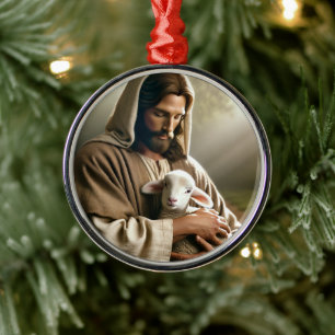 JESUS MIT LAMM WEIHNACHTSDEKORATION ORNAMENT AUS METALL