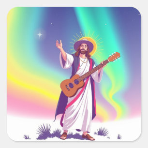 Jesus mit Nordlicht, Ufos, Regenbogen, Gitarre Quadratischer Aufkleber