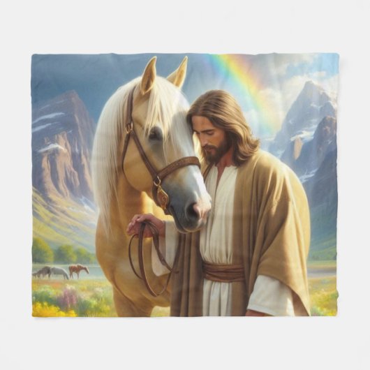 Jesus mit Palomino Pferd in Landschaftlicher Lands Fleecedecke (Vorderseite (Horizontal))