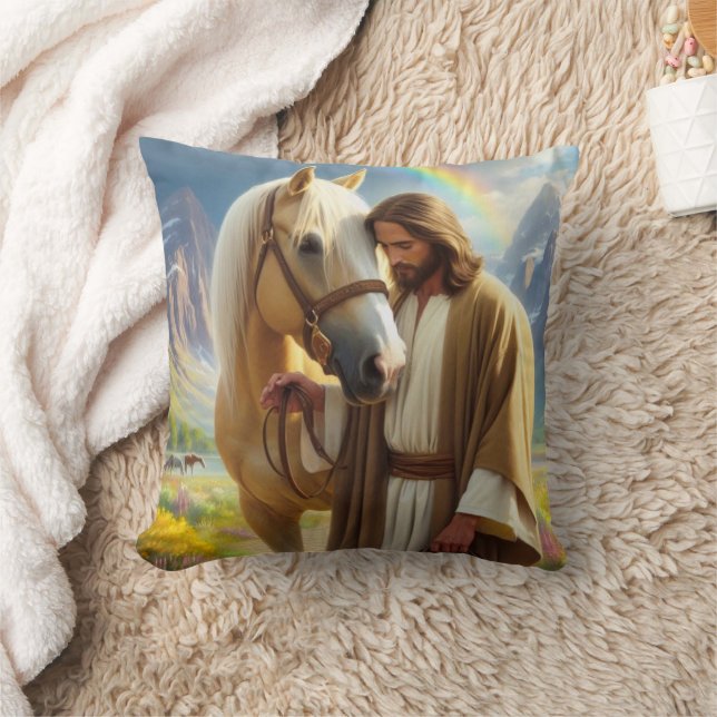 Jesus mit Palomino Pferd in Landschaftlicher Lands Kissen (Decke)