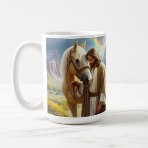 Jesus mit Palomino-Pferd in landschaftlicher Szene Kaffeetasse