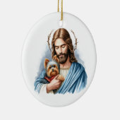 Jesus mit Yorkie 1. Weihnachten im Himmel Keramik Ornament (Rechts)