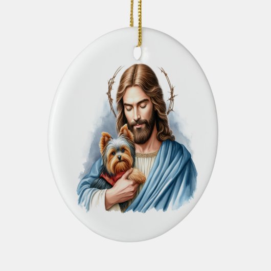 Jesus mit Yorkie 1. Weihnachten im Himmel Keramik Ornament (Rechts)
