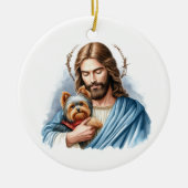 Jesus mit Yorkie 1. Weihnachten im Himmel Keramik Ornament (Vorne)