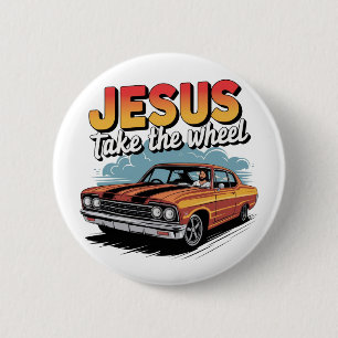 Jesus nehmen das Vintage Muskelauto Button