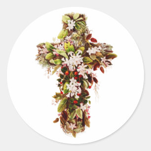 Jesus Ostersonntag blühendes Kreuz Runder Aufkleber