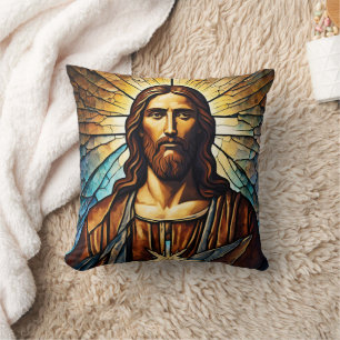 Jesus Portrait mit Goldener Aura in festem Glas Kissen