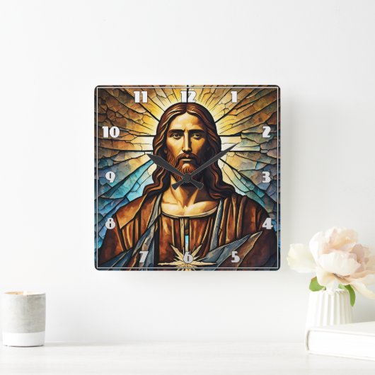 Jesus Portrait mit Goldener Aura in festem Glas Quadratische Wanduhr (Zuhause)