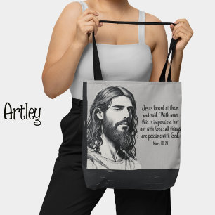 Jesus Portrait Sketch Bietet Zitat Schwarz-Weiß Tasche