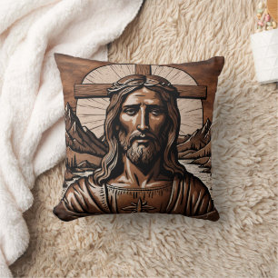 Jesus Portrait Umgeben von Bergen und Kreuz Kissen