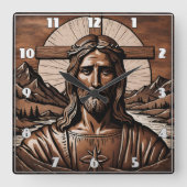 Jesus Portrait Umgeben von Bergen und Kreuz Quadratische Wanduhr (Vorderseite)