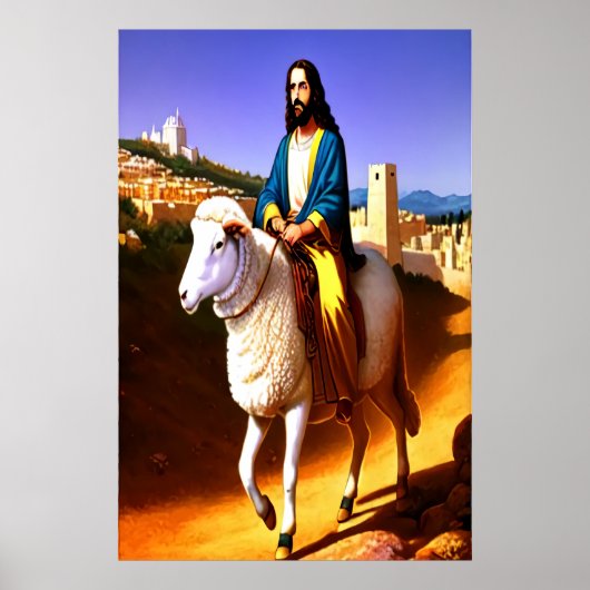 Jesus reitet auf einem Schaf | AI Art Poster (Vorne)