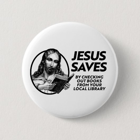 Jesus rette, indem er Bibliotheksbücher ausliest Button (Vorderseite)