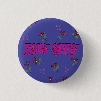 "Jesus Rette" Zitat mit Blumendruck auf Lila Button