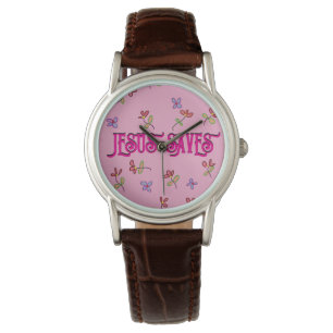 "Jesus Rette" Zitat mit Blumendruck auf Rosa Armbanduhr