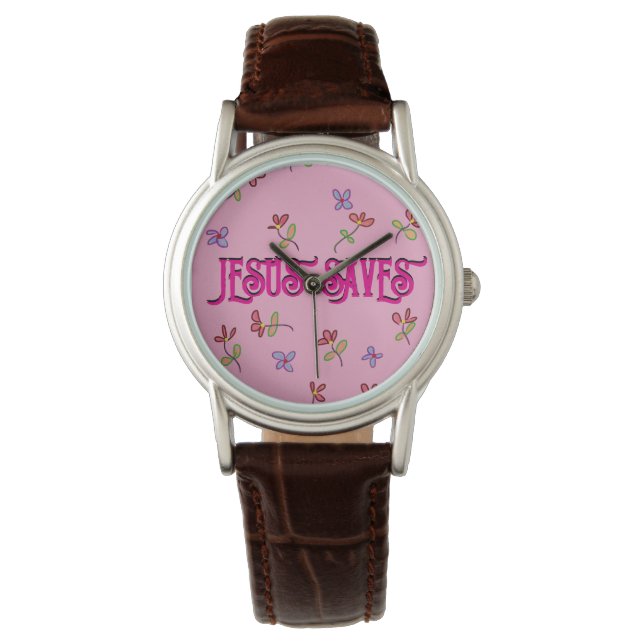"Jesus Rette" Zitat mit Blumendruck auf Rosa Armbanduhr (Vorderseite)