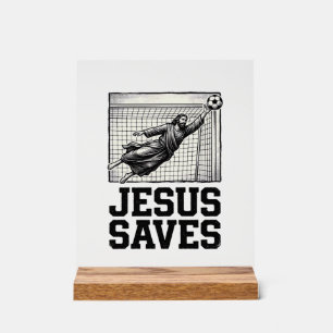 Jesus rettet Fußballtorwart Vintage Gravur Shirt_ Acrylschild