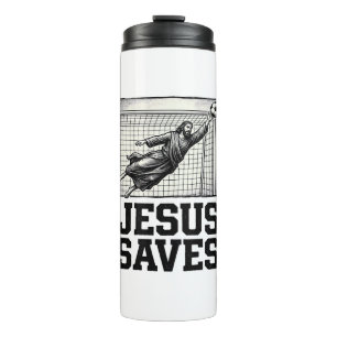 Jesus rettet Fußballtorwart Vintage Gravur Shirt_ Thermosbecher