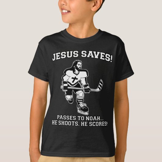 Jesus rettet Hockey lustiges T-Shirt (Vorderseite)
