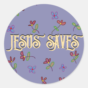 „Jesus rettet“ Zitat mit Blumen in Lila Runder Aufkleber