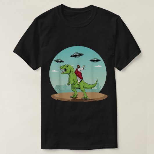 Jesus Riding A Dinosaur Funny Bigfoot UFO Alien Ab T-Shirt (Design vorne)