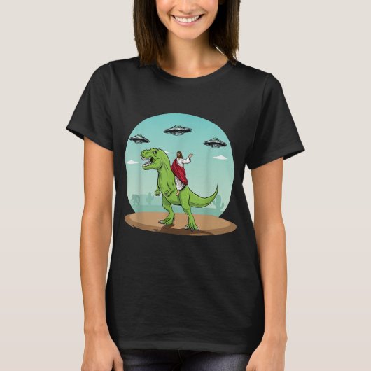 Jesus Riding A Dinosaur Funny Bigfoot UFO Alien Ab T-Shirt (Vorderseite)